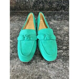 J Crew Loafers Size 9 Green Faux Suede Bow Slip On Shoes Preppy Holiday Flats